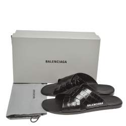 Balenciaga Black Croc Embossed Leather Cosy Crisscross Flat Slides Size 45