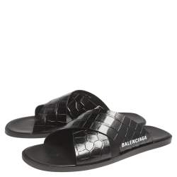 Balenciaga Black Croc Embossed Leather Cosy Crisscross Flat Slides Size 45