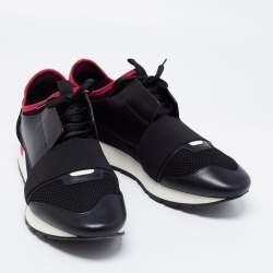 Pre Owned Balenciaga Black/Red Leather And Mesh Race Runner Low Top Sneakers Size 43