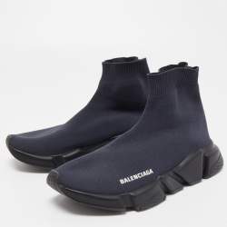 Pre Owned Balenciaga Navy Blue Knit Fabric Speed Trainer Sneakers Size 39