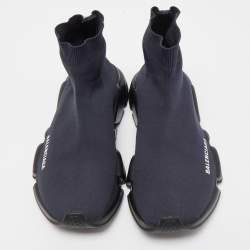 Pre Owned Balenciaga Navy Blue Knit Fabric Speed Trainer Sneakers Size 39