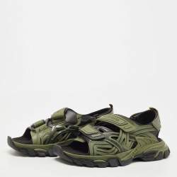 Pre Owned Balenciaga Green/Black Rubber and Faux Leather Velcro Strap Flat Sandals Size 45