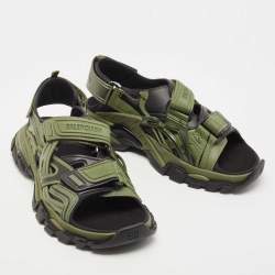 Pre Owned Balenciaga Green/Black Rubber and Faux Leather Velcro Strap Flat Sandals Size 45