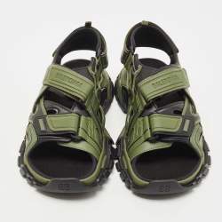 Pre Owned Balenciaga Green/Black Rubber and Faux Leather Velcro Strap Flat Sandals Size 45