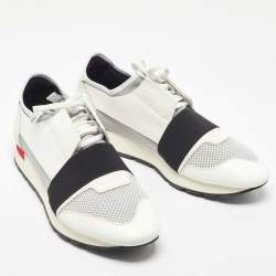 Balenciaga White/Black Leather and Mesh Race Runner Sneakers Size 44