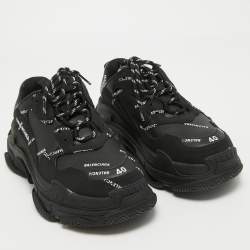 Balenciaga Black Faux Leather Allover Logo Triple S Sneakers Size 40