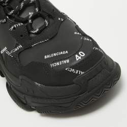 Balenciaga Black Faux Leather Allover Logo Triple S Sneakers Size 40