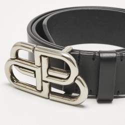 Pre Owned Balenciaga Black Leather BB Large Buckle Belt 80 CM
