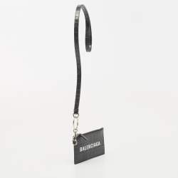 Pre Owned Balenciaga Dark Grey Crocodile Embossed Leather Card Holder Lanyard 
