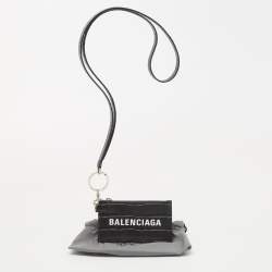 Pre Owned Balenciaga Dark Grey Crocodile Embossed Leather Card Holder Lanyard 