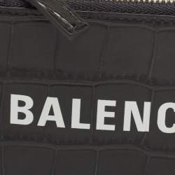 Pre Owned Balenciaga Dark Grey Crocodile Embossed Leather Card Holder Lanyard 