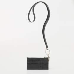 Pre Owned Balenciaga Dark Grey Crocodile Embossed Leather Card Holder Lanyard 