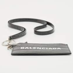 Pre Owned Balenciaga Dark Grey Crocodile Embossed Leather Card Holder Lanyard 