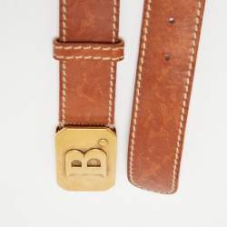 Pre Owned Balenciaga Brown Leather B Logo Plague Belt 100CM