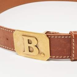 Pre Owned Balenciaga Brown Leather B Logo Plague Belt 100CM