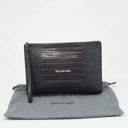 Balenciaga Grey Croc Embossed Leather Flat Zip Pouch