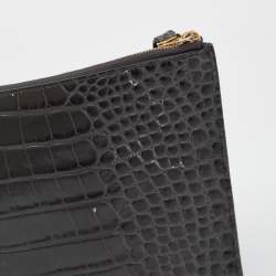 Balenciaga Grey Croc Embossed Leather Flat Zip Pouch