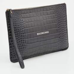 Balenciaga Grey Croc Embossed Leather Flat Zip Pouch