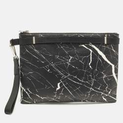 Pre Owned Balenciaga Black/White Marble Effect Leather Document Wristlet Pouch