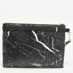 Pre Owned Balenciaga Black/White Marble Effect Leather Document Wristlet Pouch