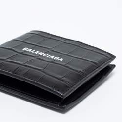 Pre Owned Balenciaga Black Croc Embossed Leather Logo Bifold Wallet