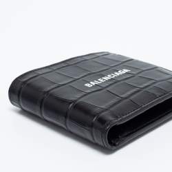 Pre Owned Balenciaga Black Croc Embossed Leather Logo Bifold Wallet