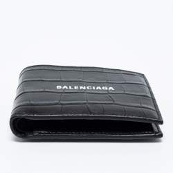 Pre Owned Balenciaga Black Croc Embossed Leather Logo Bifold Wallet