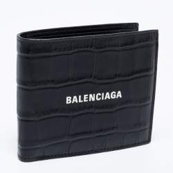 Pre Owned Balenciaga Black Croc Embossed Leather Logo Bifold Wallet