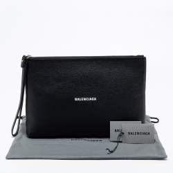 Pre Owned Balenciaga Black Leather Logo Wristlet Pouch