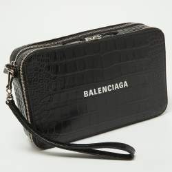 Pre Owned Balenciaga Black Croc Embossed Leather Wristlet Pouch