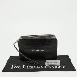 Pre Owned Balenciaga Black Croc Embossed Leather Wristlet Pouch