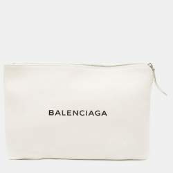 Pre Owned Balenciaga Off White Leather Logo Zip Pouch