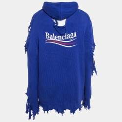 مملوكة مسبقًا Balenciaga Blue Distressed Cotton Rib Layered Oversize Hoodie L