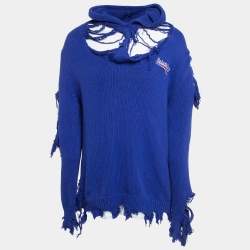 مملوكة مسبقًا Balenciaga Blue Distressed Cotton Rib Layered Oversize Hoodie L