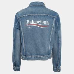 Pre Owned Balenciaga Blue 2017 Campaign Logo Denim Distressed Jacket L