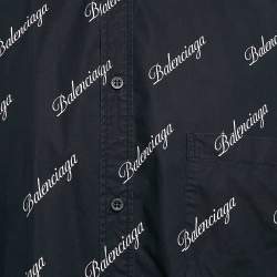 Balenciaga Navy Blue Monogram Print Button Front Oversize Shirt M