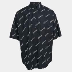 Balenciaga Navy Blue Monogram Print Button Front Oversize Shirt M
