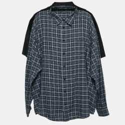 Pre Owned Balenciaga Black/Blue Checked Cotton and Jersey Shirt T-Shirt L