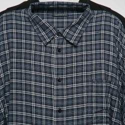 Pre Owned Balenciaga Black/Blue Checked Cotton and Jersey Shirt T-Shirt L