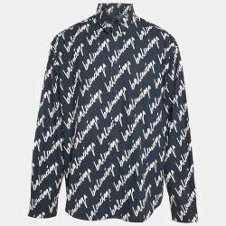 Balenciaga Navy Blue Logo All Over Cotton Long Sleeve Shirt M