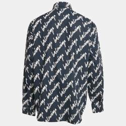 Balenciaga Navy Blue Logo All Over Cotton Long Sleeve Shirt M