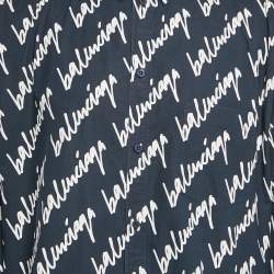 Balenciaga Navy Blue Logo All Over Cotton Long Sleeve Shirt M
