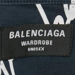 Balenciaga Navy Blue Logo All Over Cotton Long Sleeve Shirt M