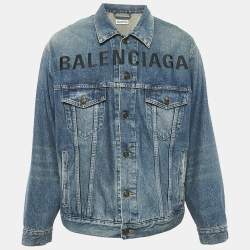 Pre Owned Balenciaga Blue Logo Embroidery Denim Button Front Jacket M