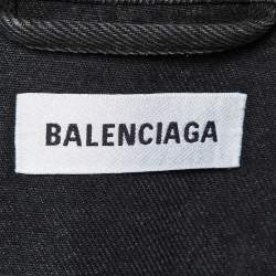 Pre Owned Balenciaga Grey Rhinestone Logo Denim Oversized Jacket XS