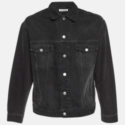 Pre Owned Balenciaga Grey Rhinestone Logo Denim Oversized Jacket XS