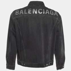 Pre Owned Balenciaga Grey Rhinestone Logo Denim Oversized Jacket XS