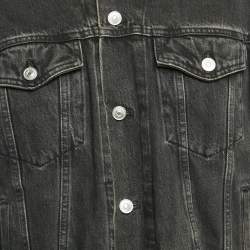 Pre Owned Balenciaga Black Denim Logo Embroidered Frayed Collar Jacket L