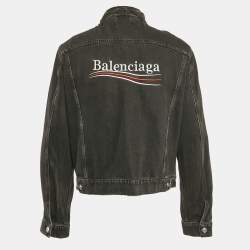 Pre Owned Balenciaga Black Denim Logo Embroidered Frayed Collar Jacket L