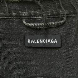 Pre Owned Balenciaga Black Denim Logo Embroidered Frayed Collar Jacket L